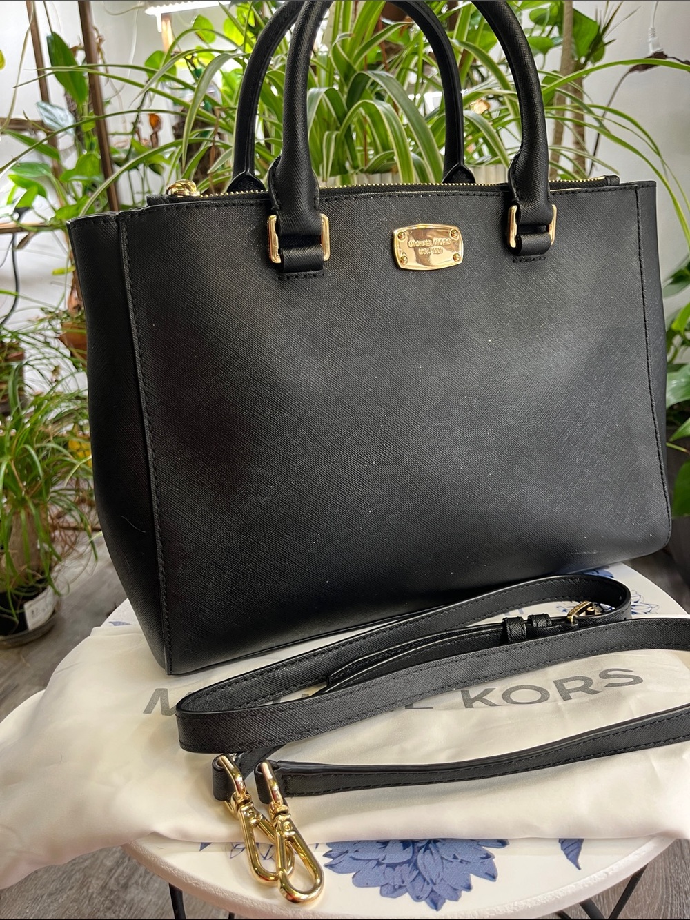 Michael Kors Black Saffiano Leather Satchel with Gold Hardware